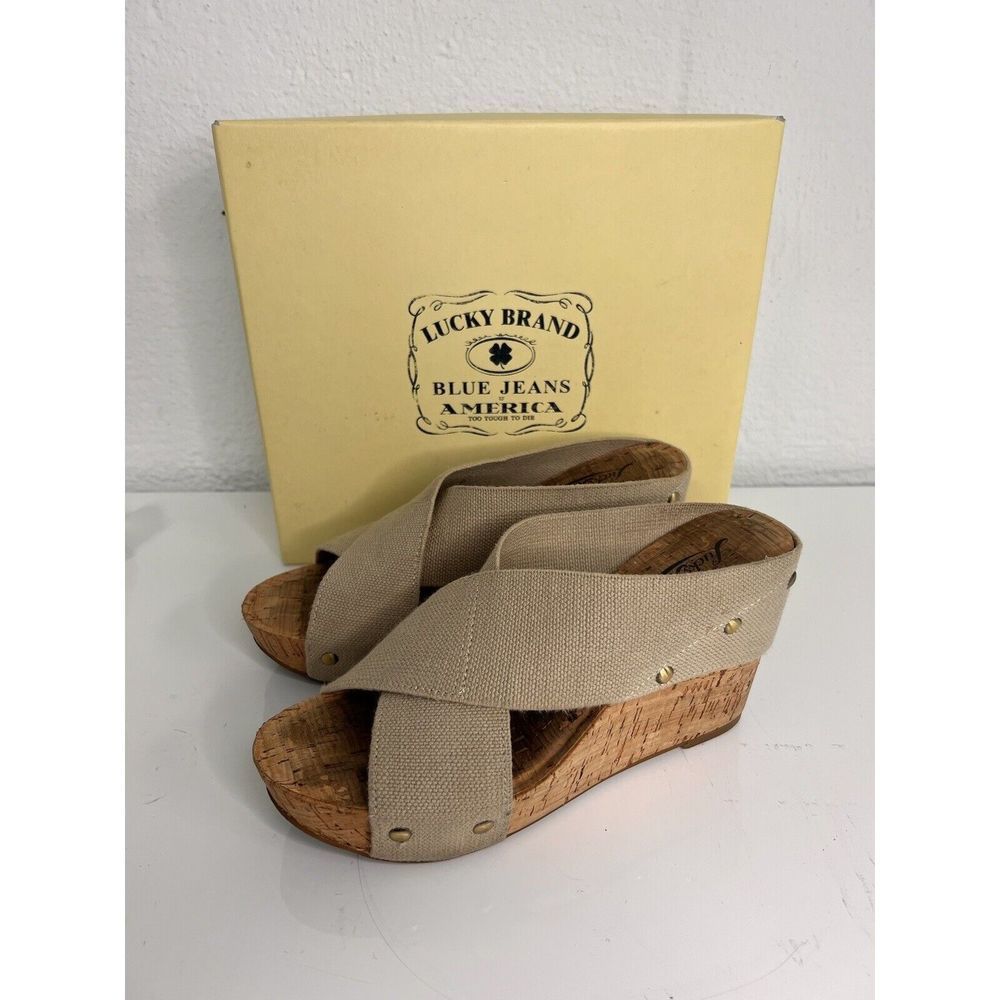 Lucky Brand Women's Miller Sandal Platform Size 6 Cork Wedge Tan Straps